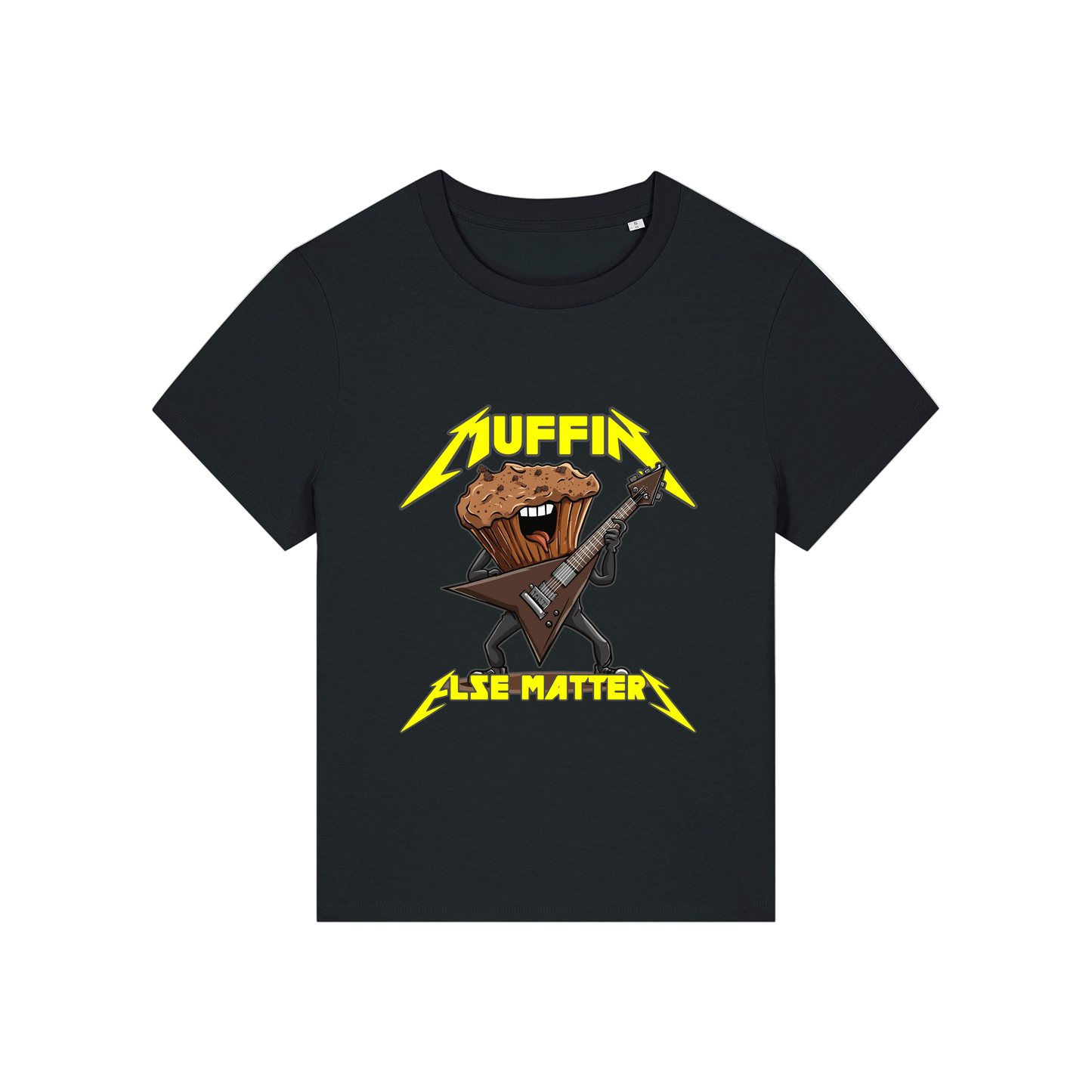 black funny graphic t-shirt with a muffin playing the guitar and the slogan 'muffin else matters'