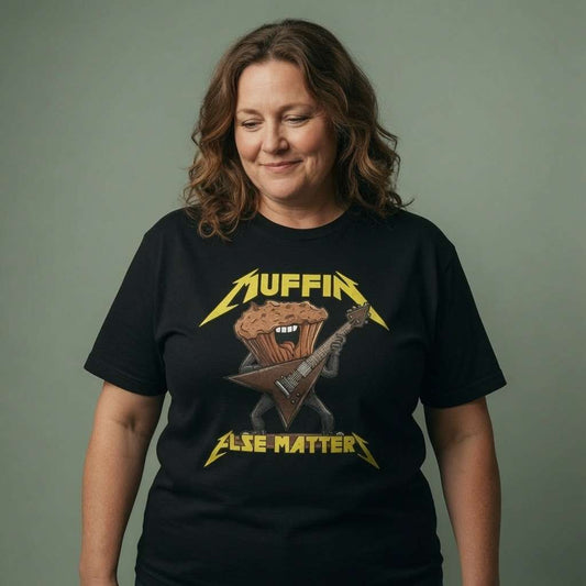 Woman smiling looking down in black Muffin Else Matters tee, ladies music inspired parody cake pun