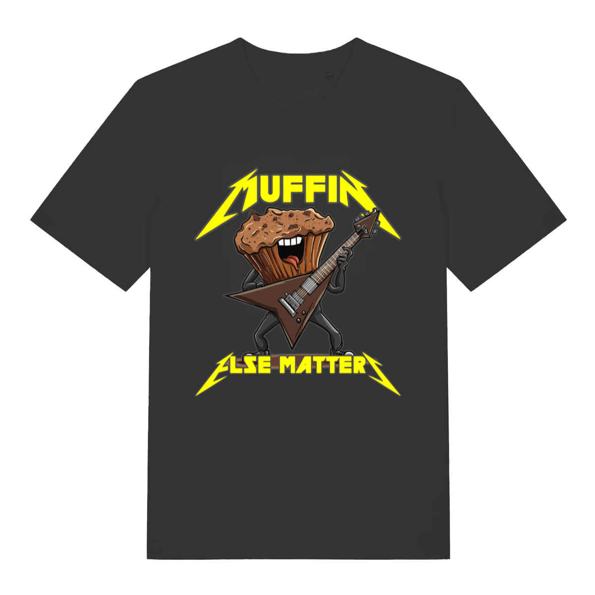 Black Muffin Else Matters funny graphic t-shirt with chocolate muffin playing flying-V guitar  
