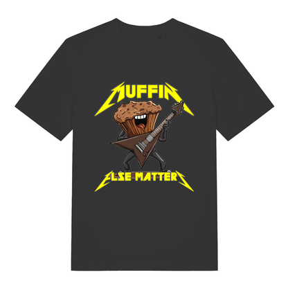 Black Muffin Else Matters funny graphic t-shirt with chocolate muffin playing flying-V guitar  