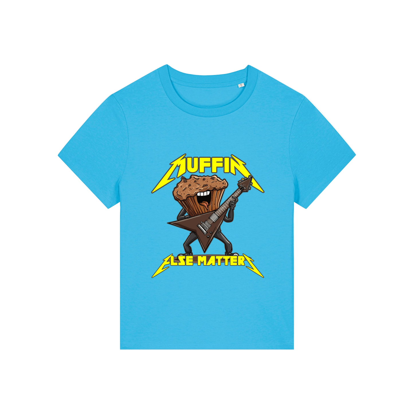 blue funny graphic t-shirt with a muffin playing the guitar and the slogan 'muffin else matters'