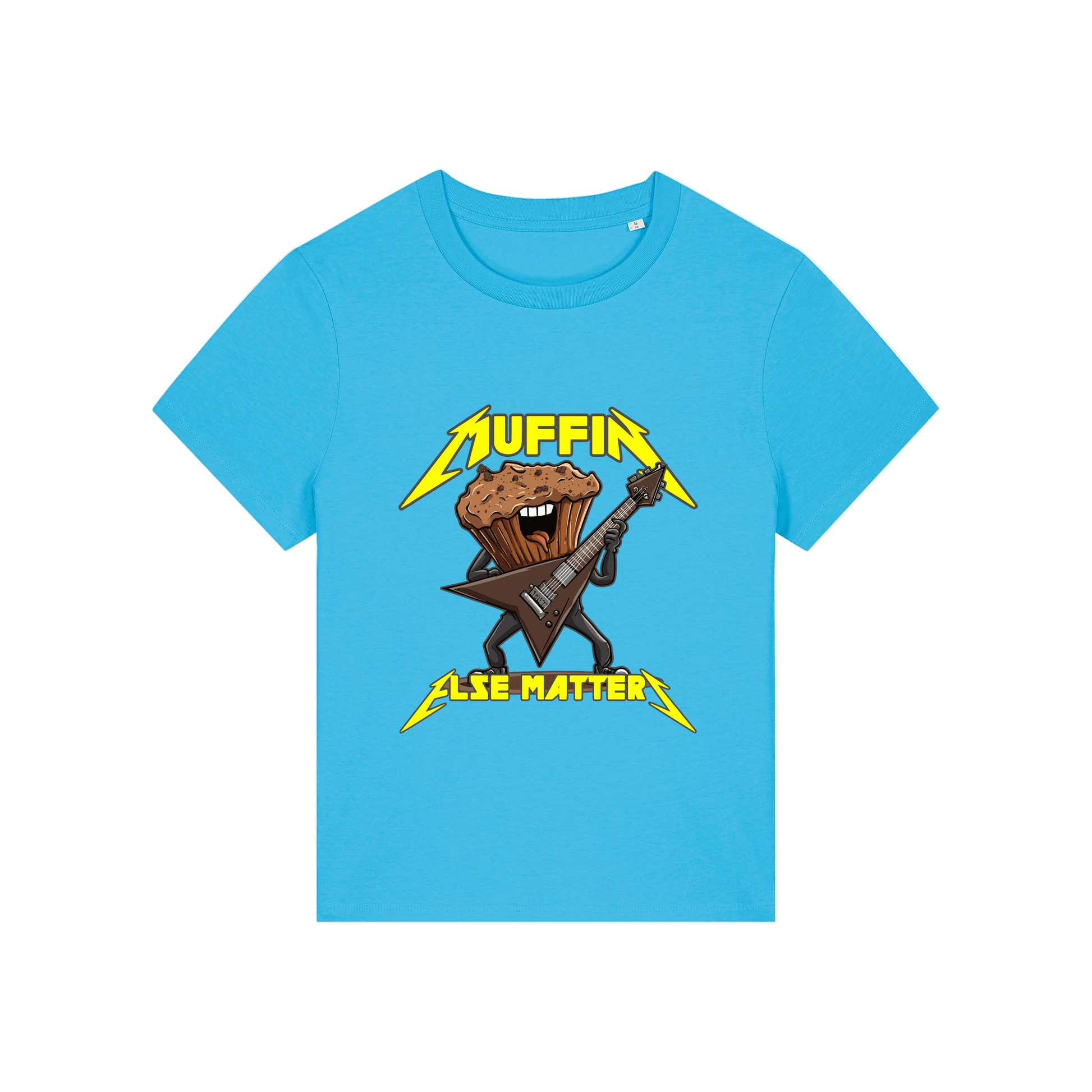 blue funny graphic t-shirt with a muffin playing the guitar and the slogan 'muffin else matters'