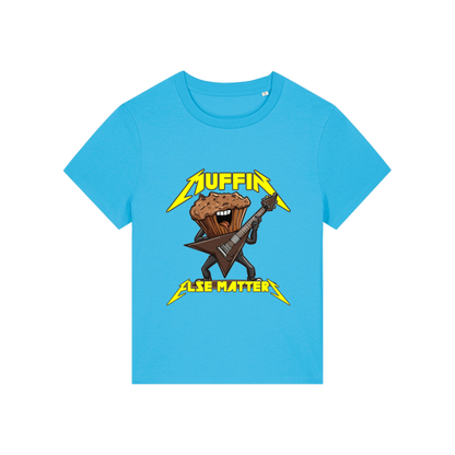 blue funny graphic t-shirt with a muffin playing the guitar and the slogan 'muffin else matters'