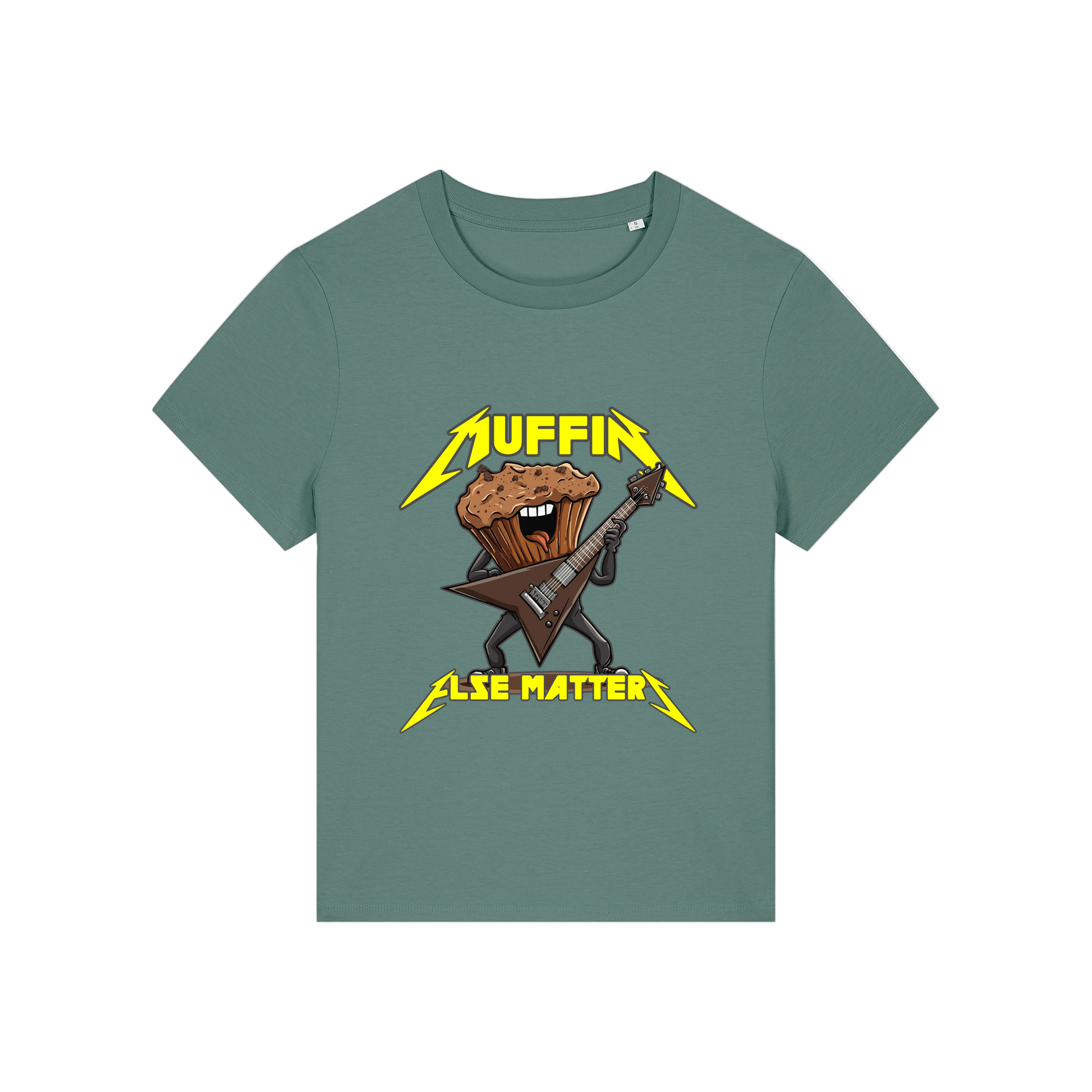 green funny graphic t-shirt with a muffin playing the guitar and the slogan 'muffin else matters'
