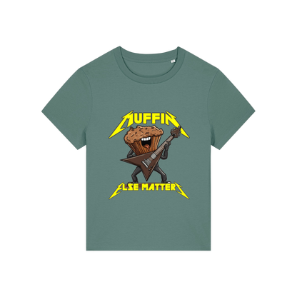 green funny graphic t-shirt with a muffin playing the guitar and the slogan 'muffin else matters'