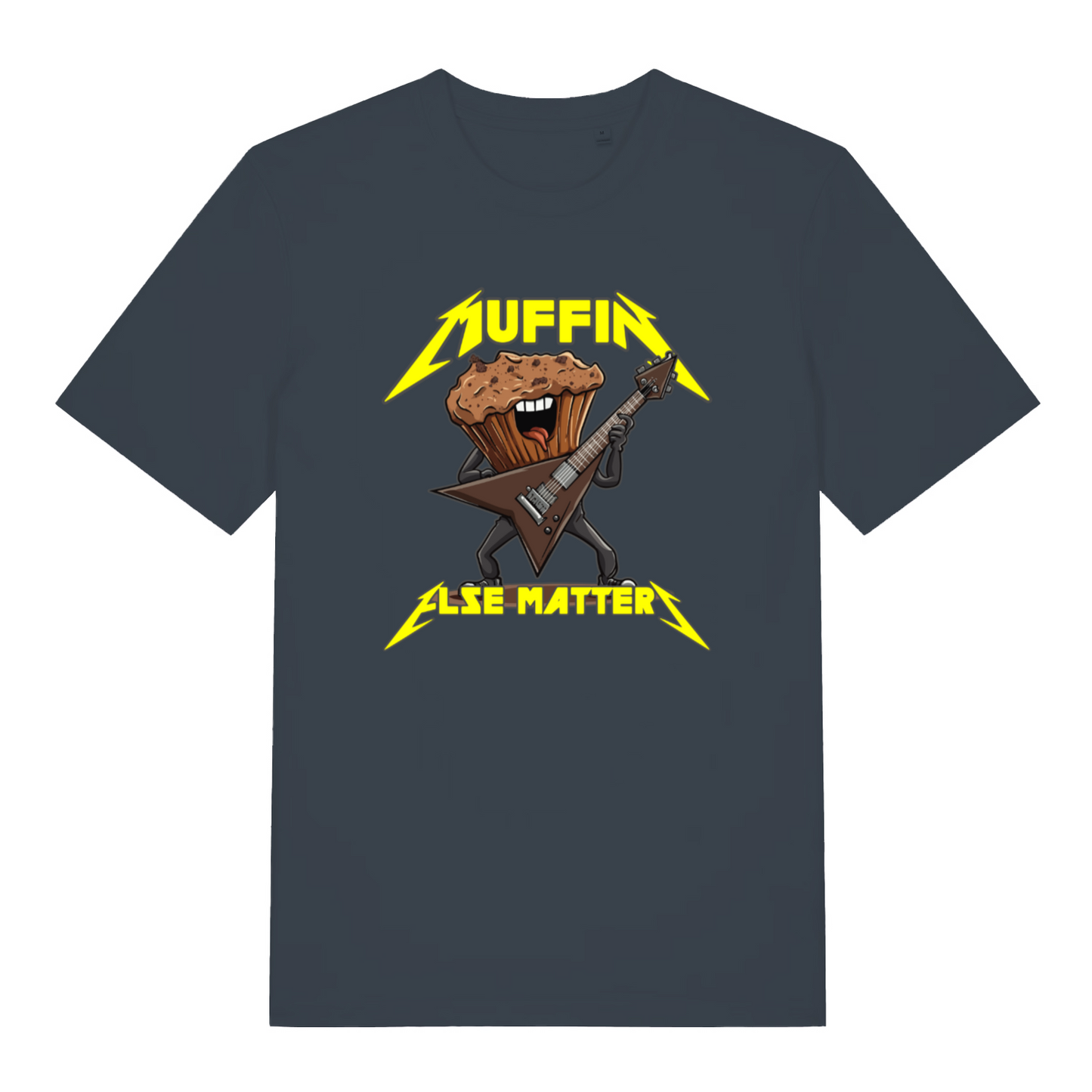 ink grey women's funny graphic t-shirt with a cartoon muffin design and the slogan 'muffin else matters'