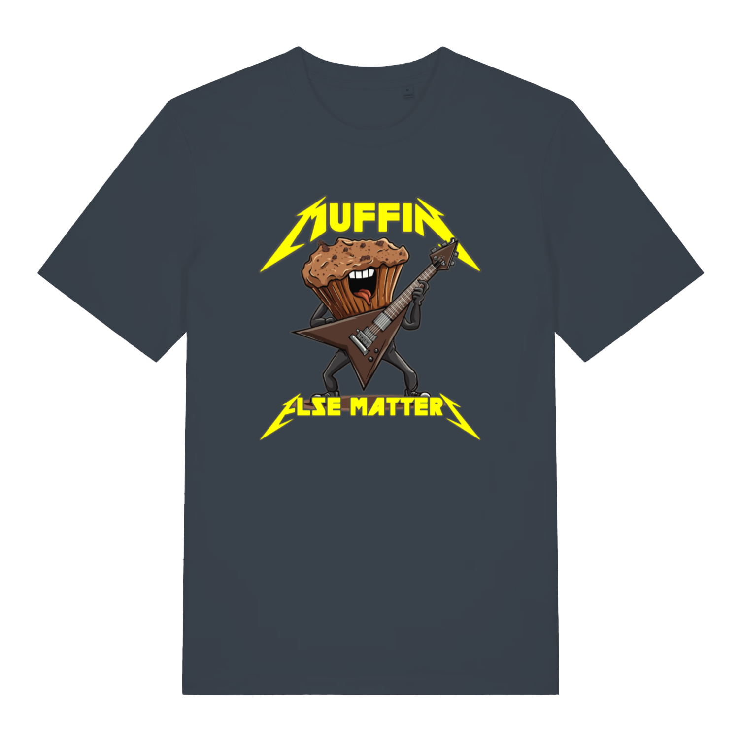 ink grey women's funny graphic t-shirt with a cartoon muffin design and the slogan 'muffin else matters'