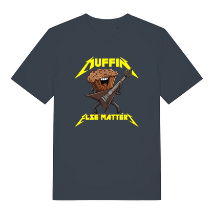 ink grey women's funny graphic t-shirt with a cartoon muffin design and the slogan 'muffin else matters'