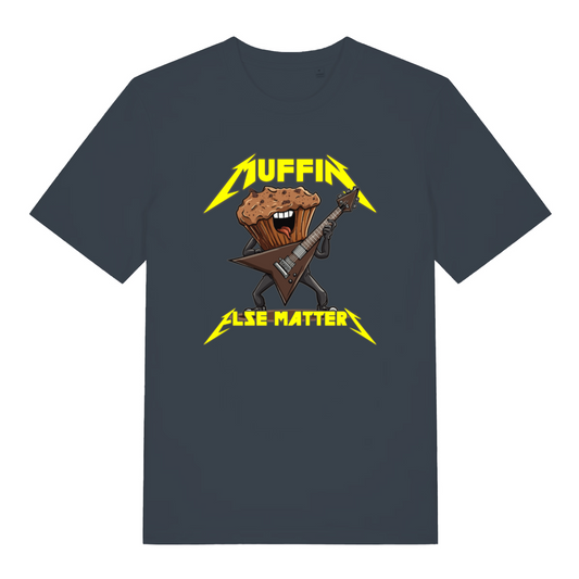ink grey women's funny graphic t-shirt with a cartoon muffin design and the slogan 'muffin else matters'