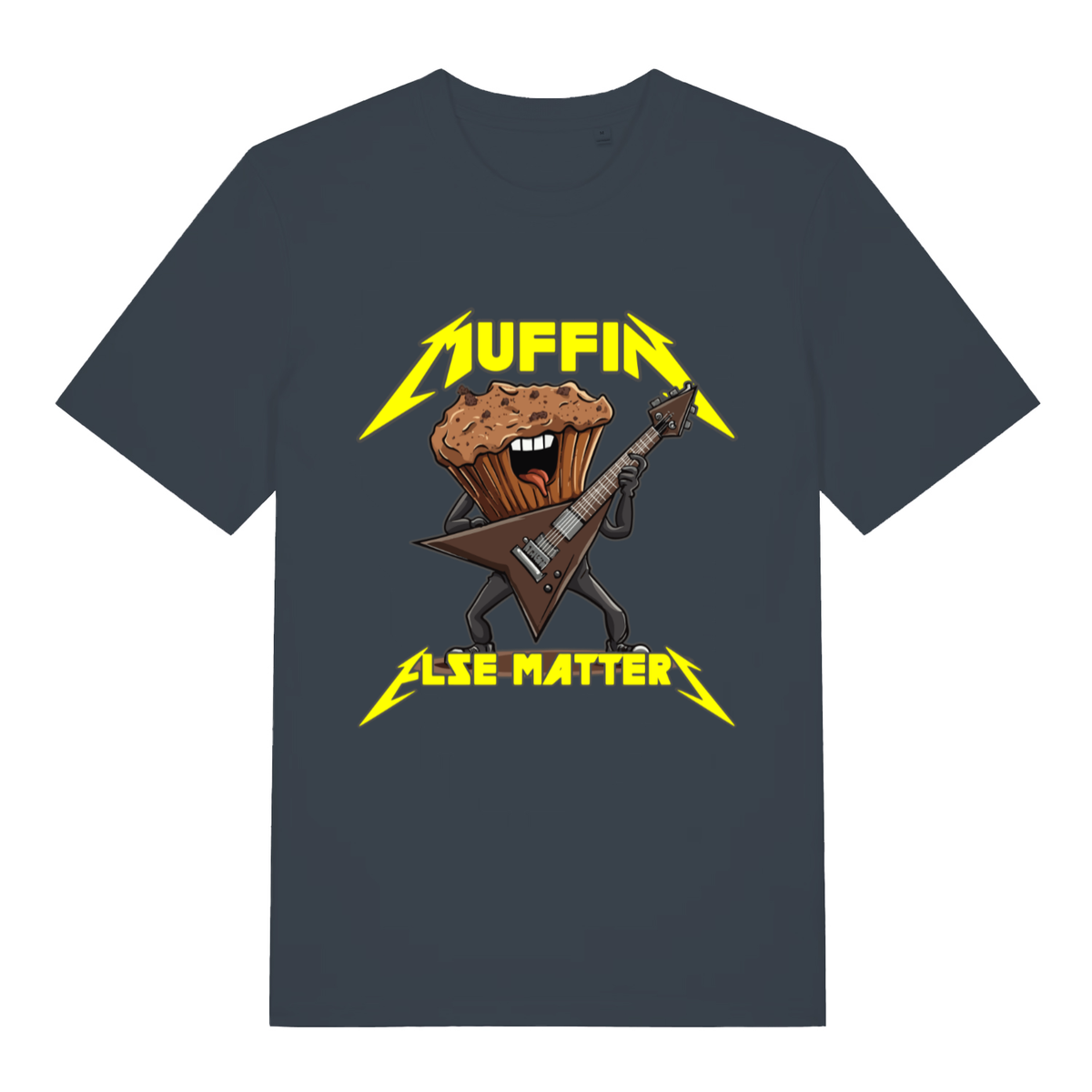 Ink grey Muffin Else Matters funny graphic t-shirt featuring raging muffin and Metallica-style logo  