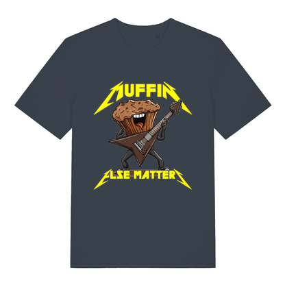Ink grey Muffin Else Matters funny graphic t-shirt featuring raging muffin and Metallica-style logo  