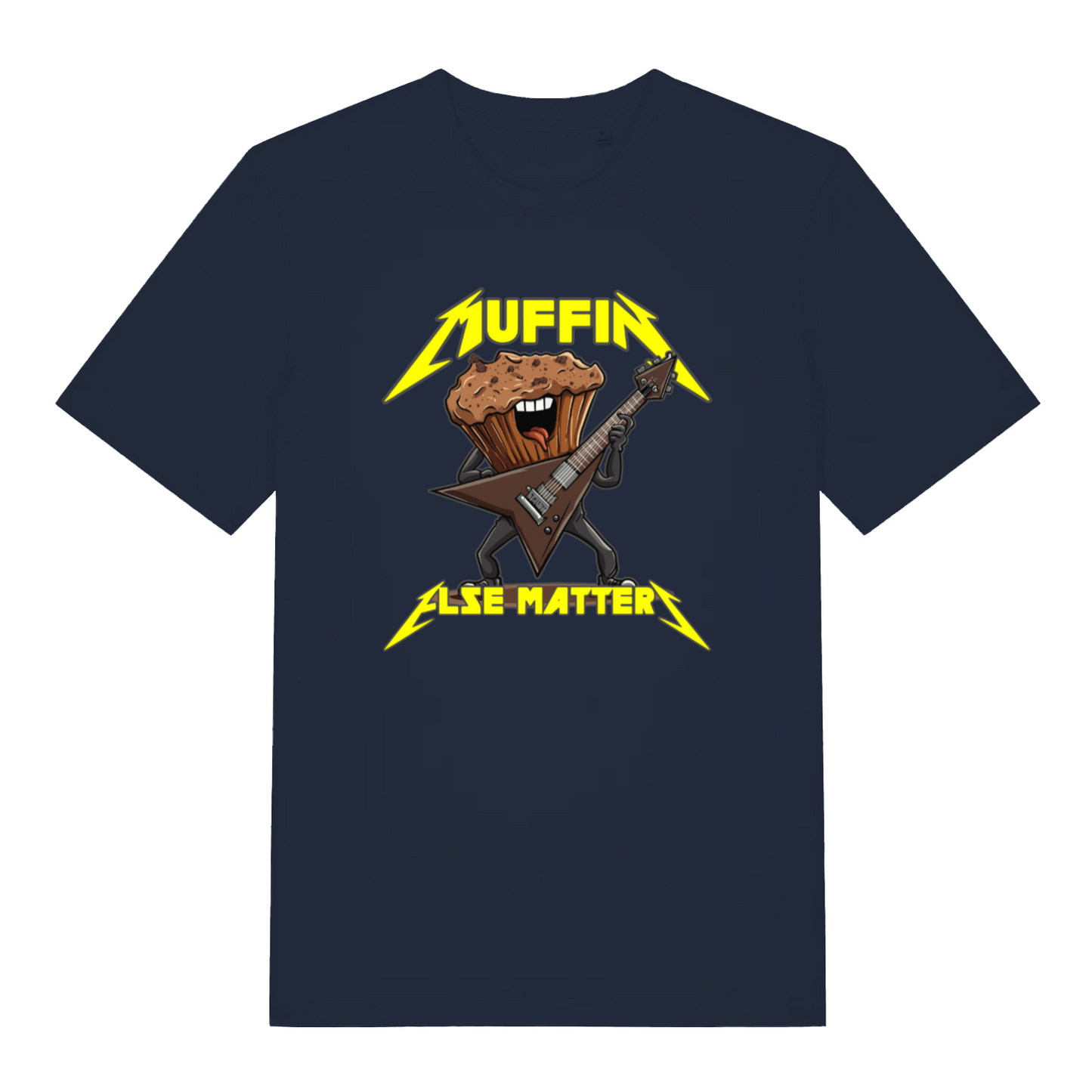 navy women's funny graphic t-shirt with a cartoon muffin design and the slogan 'muffin else matters'