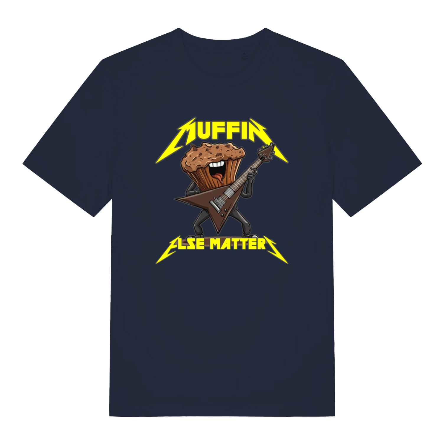 navy women's funny graphic t-shirt with a cartoon muffin design and the slogan 'muffin else matters'