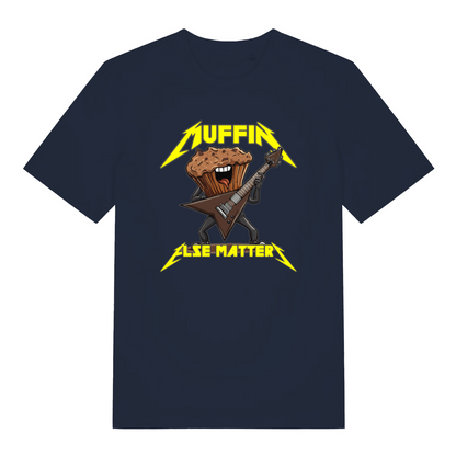 navy women's funny graphic t-shirt with a cartoon muffin design and the slogan 'muffin else matters'