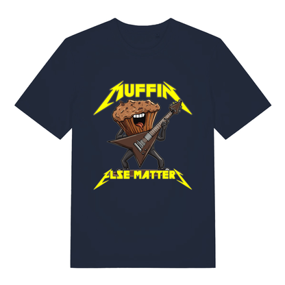 Navy Muffin Else Matters funny graphic t-shirt with muffin shredding guitar and bold yellow text  