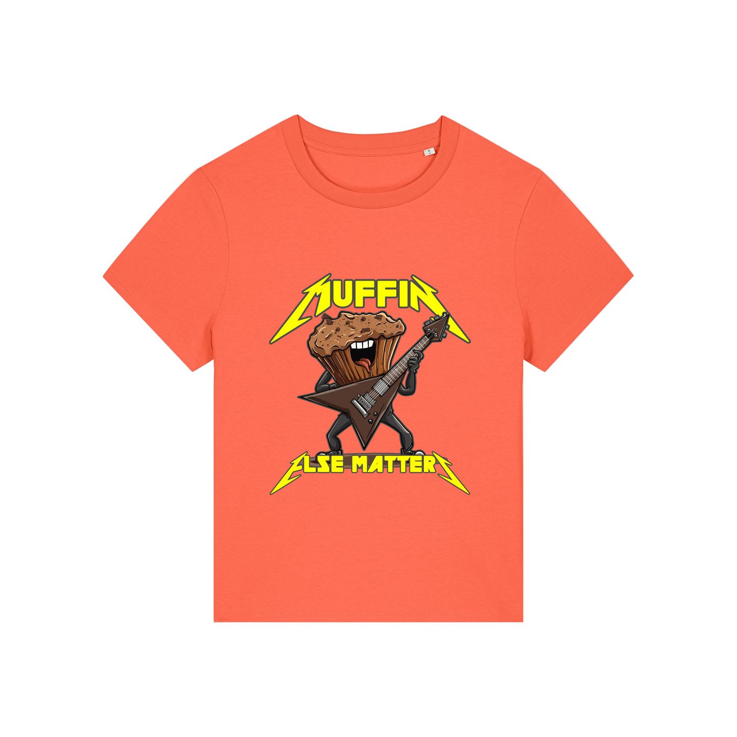 orange funny graphic t-shirt with a muffin playing the guitar and the slogan 'muffin else matters'