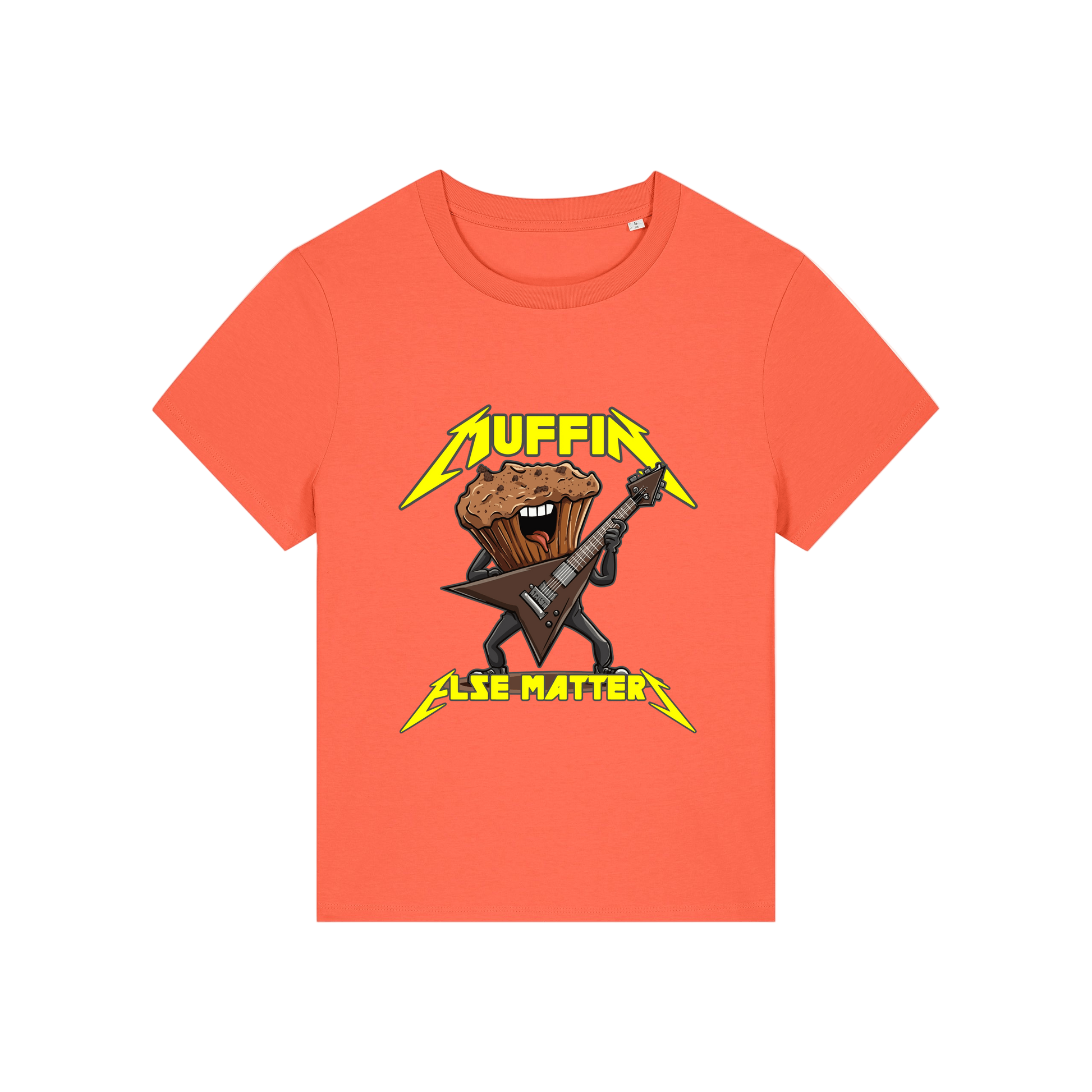 orange funny graphic t-shirt with a muffin playing the guitar and the slogan 'muffin else matters'