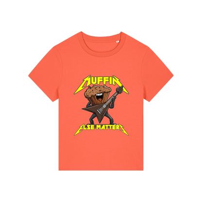 orange funny graphic t-shirt with a muffin playing the guitar and the slogan 'muffin else matters'