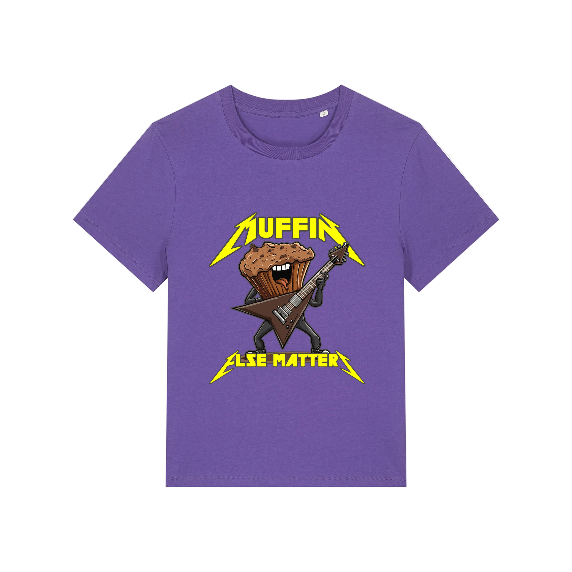 purple funny graphic t-shirt with a muffin playing the guitar and the slogan 'muffin else matters'