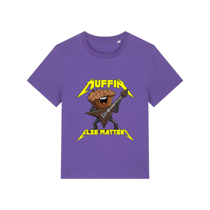 purple funny graphic t-shirt with a muffin playing the guitar and the slogan 'muffin else matters'