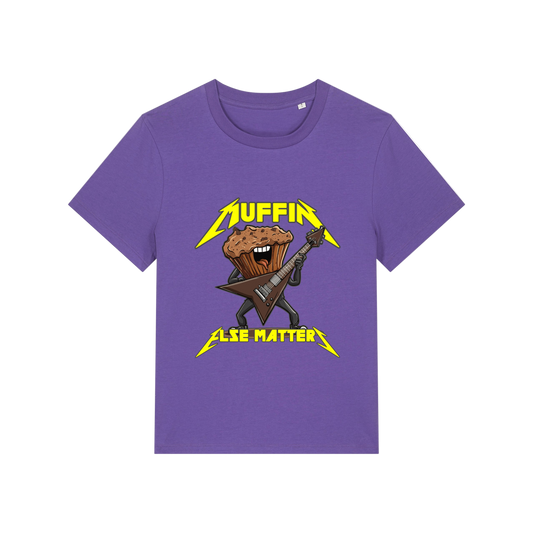 purple funny graphic t-shirt with a muffin playing the guitar and the slogan 'muffin else matters'