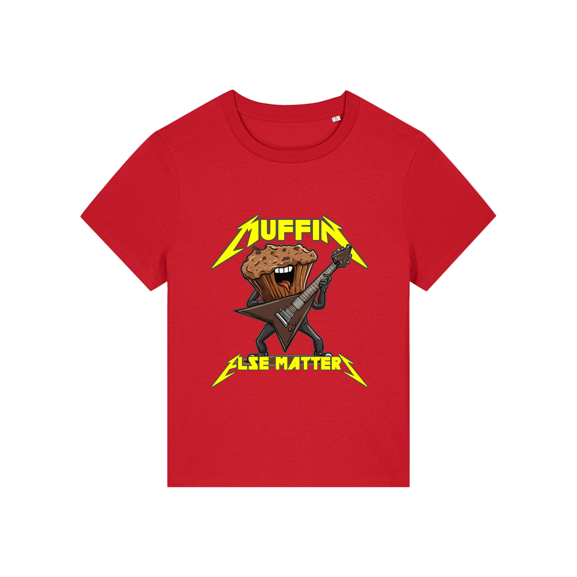 red funny graphic t-shirt with a muffin playing the guitar and the slogan 'muffin else matters'