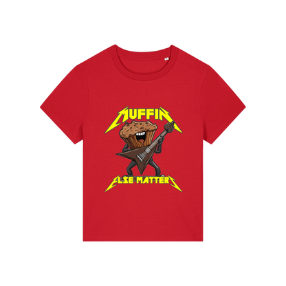 red funny graphic t-shirt with a muffin playing the guitar and the slogan 'muffin else matters'