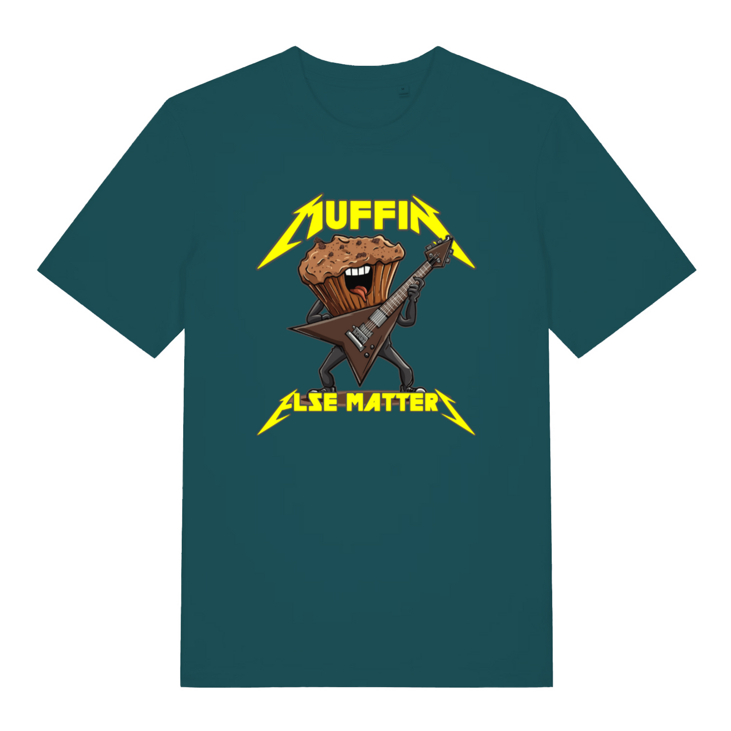 teal women's funny graphic t-shirt with a cartoon muffin design and the slogan 'muffin else matters'