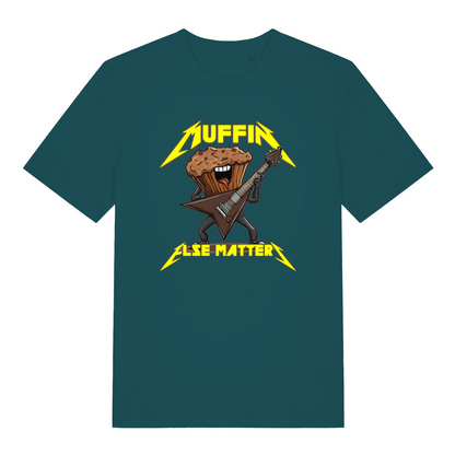 teal women's funny graphic t-shirt with a cartoon muffin design and the slogan 'muffin else matters'