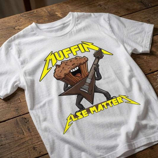 White Muffin Else Matters t-shirt on wood featuring muffin with guitar, fun witty ladies music parody pun graphic