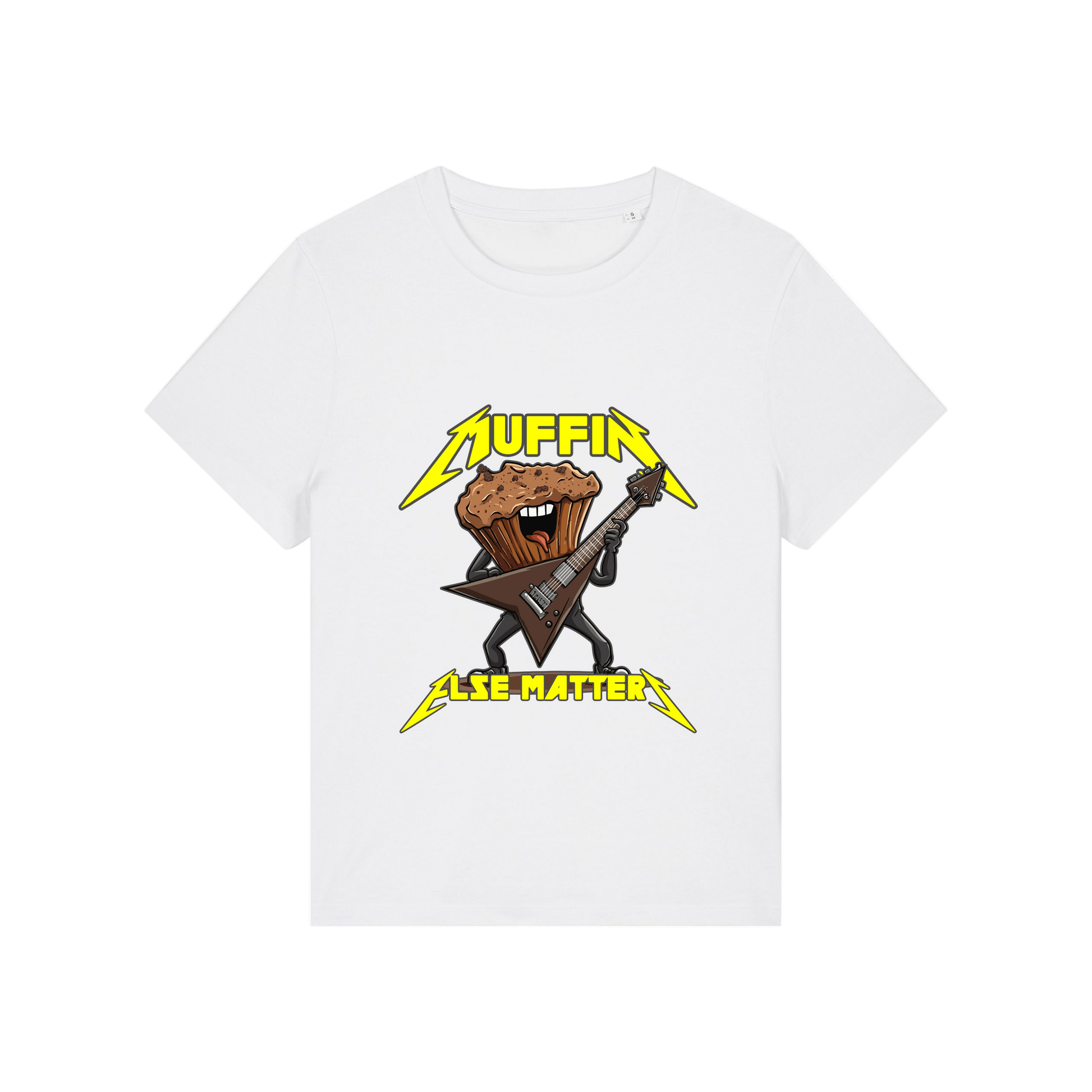 white funny graphic t-shirt with a muffin playing the guitar and the slogan 'muffin else matters'