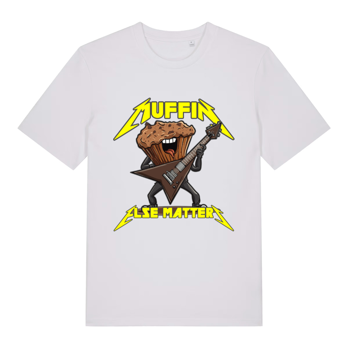 White Muffin Else Matters funny graphic t-shirt with detailed muffin guitarist and classic logo  