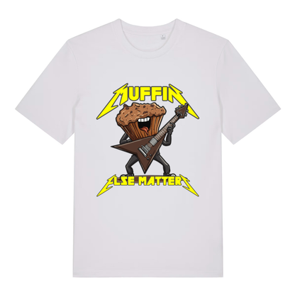 White Muffin Else Matters funny graphic t-shirt with detailed muffin guitarist and classic logo  
