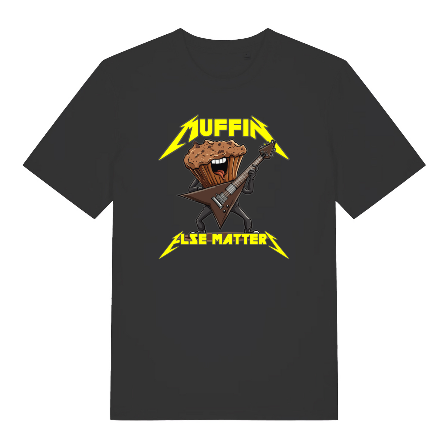 Black graphic t-shirt with a graphic design of a muffin playing an electric guitar and the text 'Muffin Else Matters' 