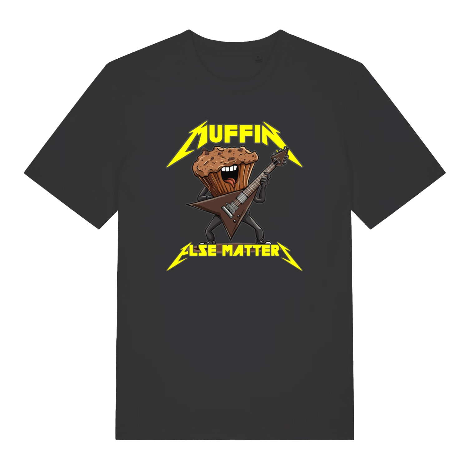 Black graphic t-shirt with a graphic design of a muffin playing an electric guitar and the text 'Muffin Else Matters' 