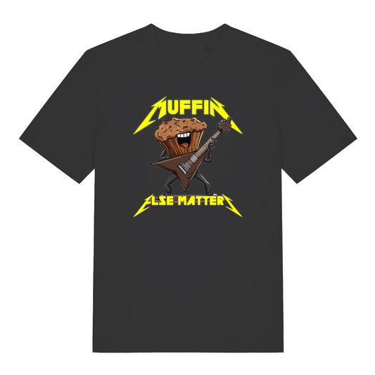 Black graphic t-shirt with a graphic design of a muffin playing an electric guitar and the text 'Muffin Else Matters' 
