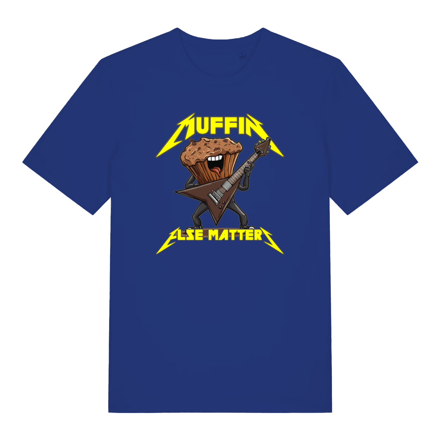 blue graphic t-shirt with a graphic design of a muffin playing an electric guitar and the text 'Muffin Else Matters' 