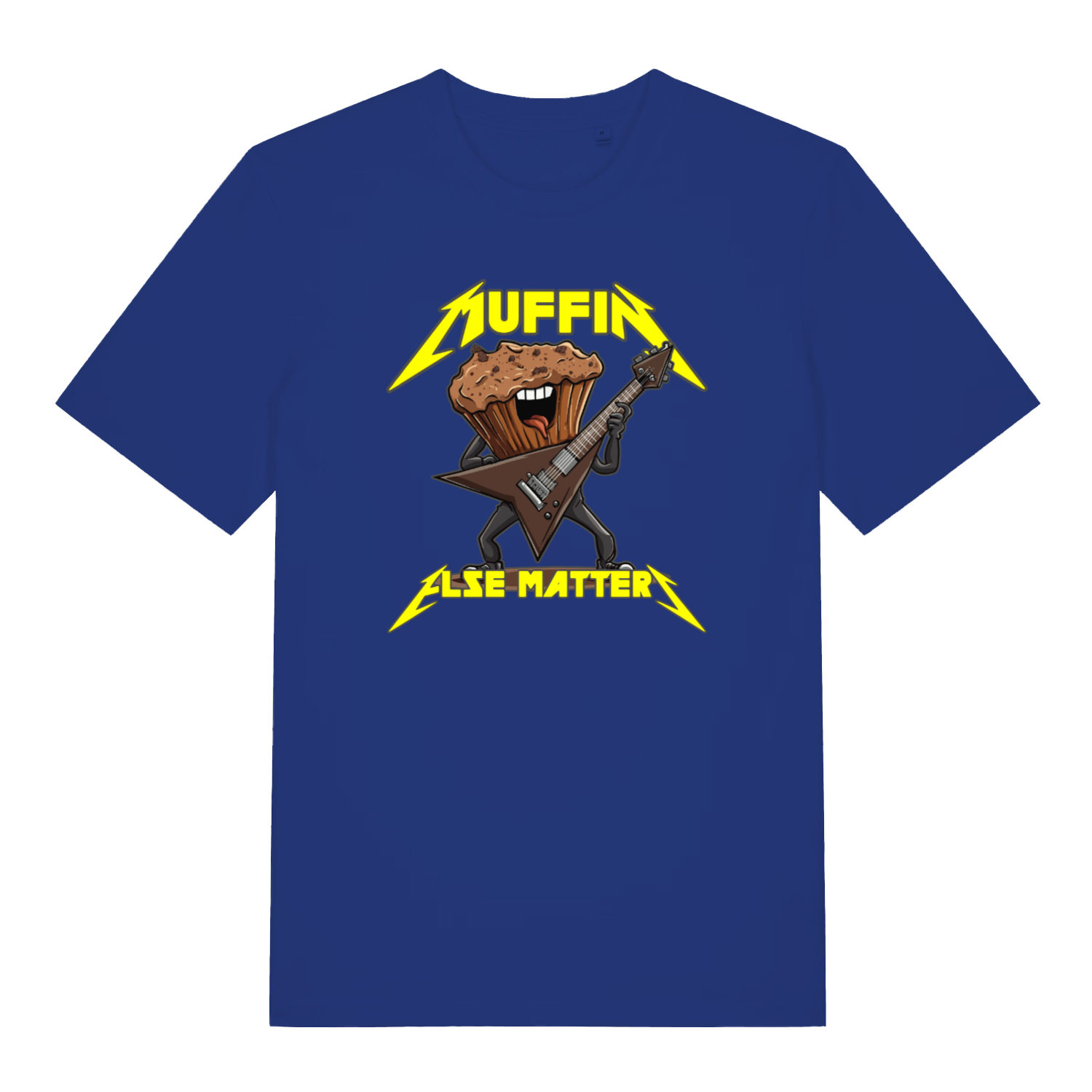 blue graphic t-shirt with a graphic design of a muffin playing an electric guitar and the text 'Muffin Else Matters' 