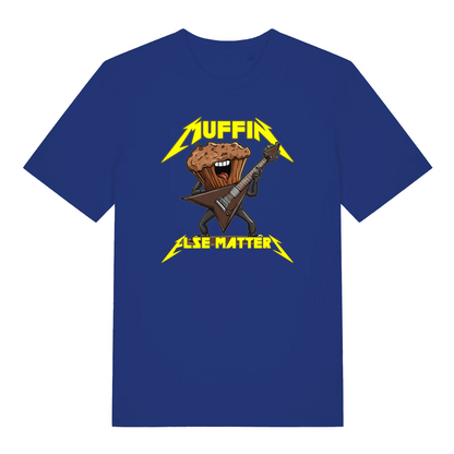 blue graphic t-shirt with a graphic design of a muffin playing an electric guitar and the text 'Muffin Else Matters' 