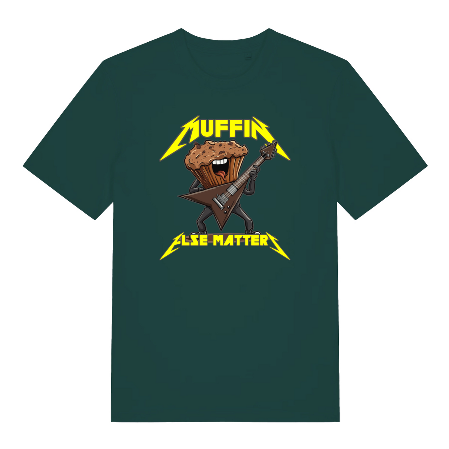 green graphic t-shirt with a graphic design of a muffin playing an electric guitar and the text 'Muffin Else Matters' 