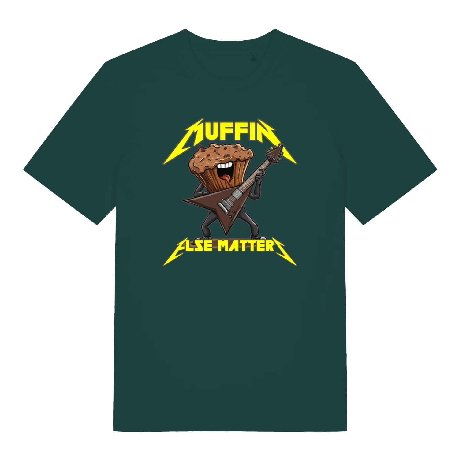 green graphic t-shirt with a graphic design of a muffin playing an electric guitar and the text 'Muffin Else Matters' 