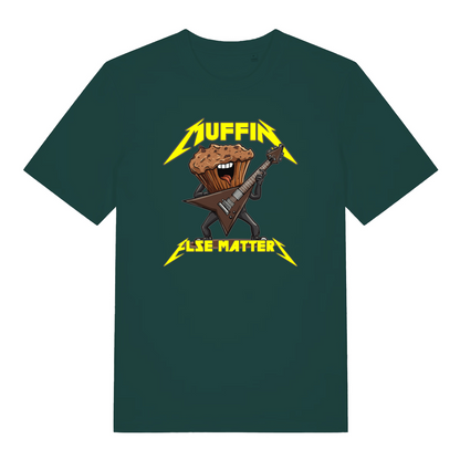 green graphic t-shirt with a graphic design of a muffin playing an electric guitar and the text 'Muffin Else Matters' 