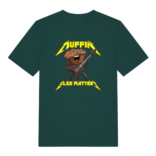 green graphic t-shirt with a graphic design of a muffin playing an electric guitar and the text 'Muffin Else Matters' 
