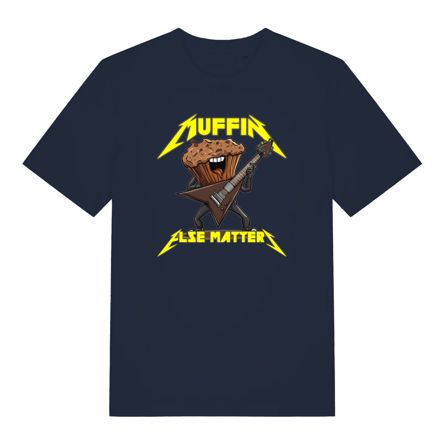 navy graphic t-shirt with a graphic design of a muffin playing an electric guitar and the text 'Muffin Else Matters' 