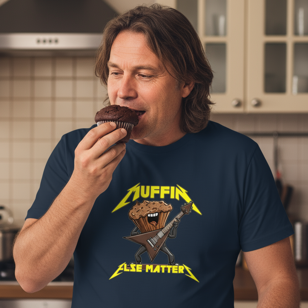 Man eating a chocolate muffin wearing a t-shirt with a graphic design in a kitchen.
