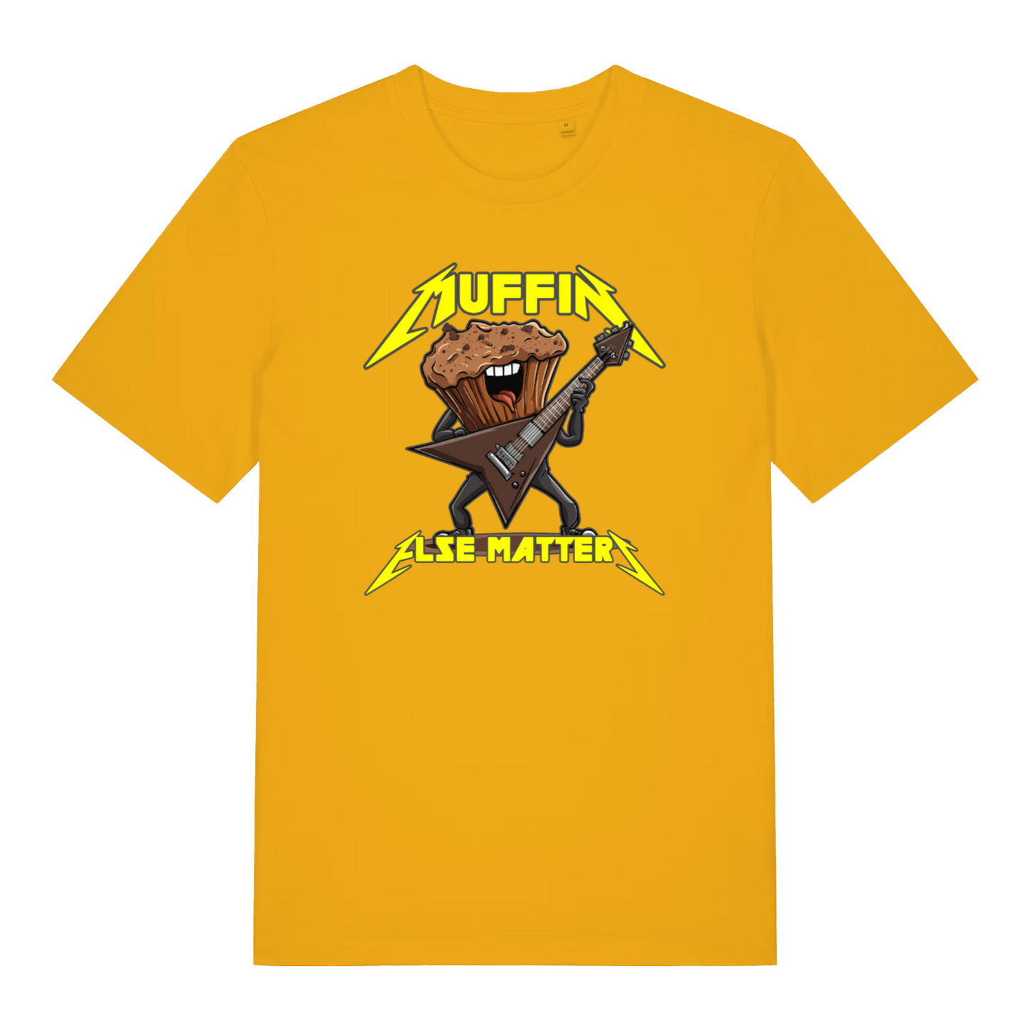 yellow graphic t-shirt with a graphic design of a muffin playing an electric guitar and the text 'Muffin Else Matters' 