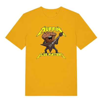 yellow graphic t-shirt with a graphic design of a muffin playing an electric guitar and the text 'Muffin Else Matters' 