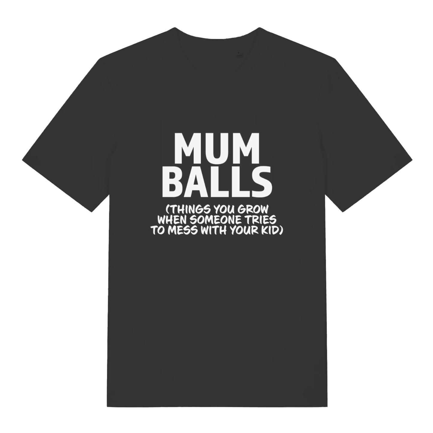 Black Mum Balls funny slogan t-shirt with bold protective mum lettering  