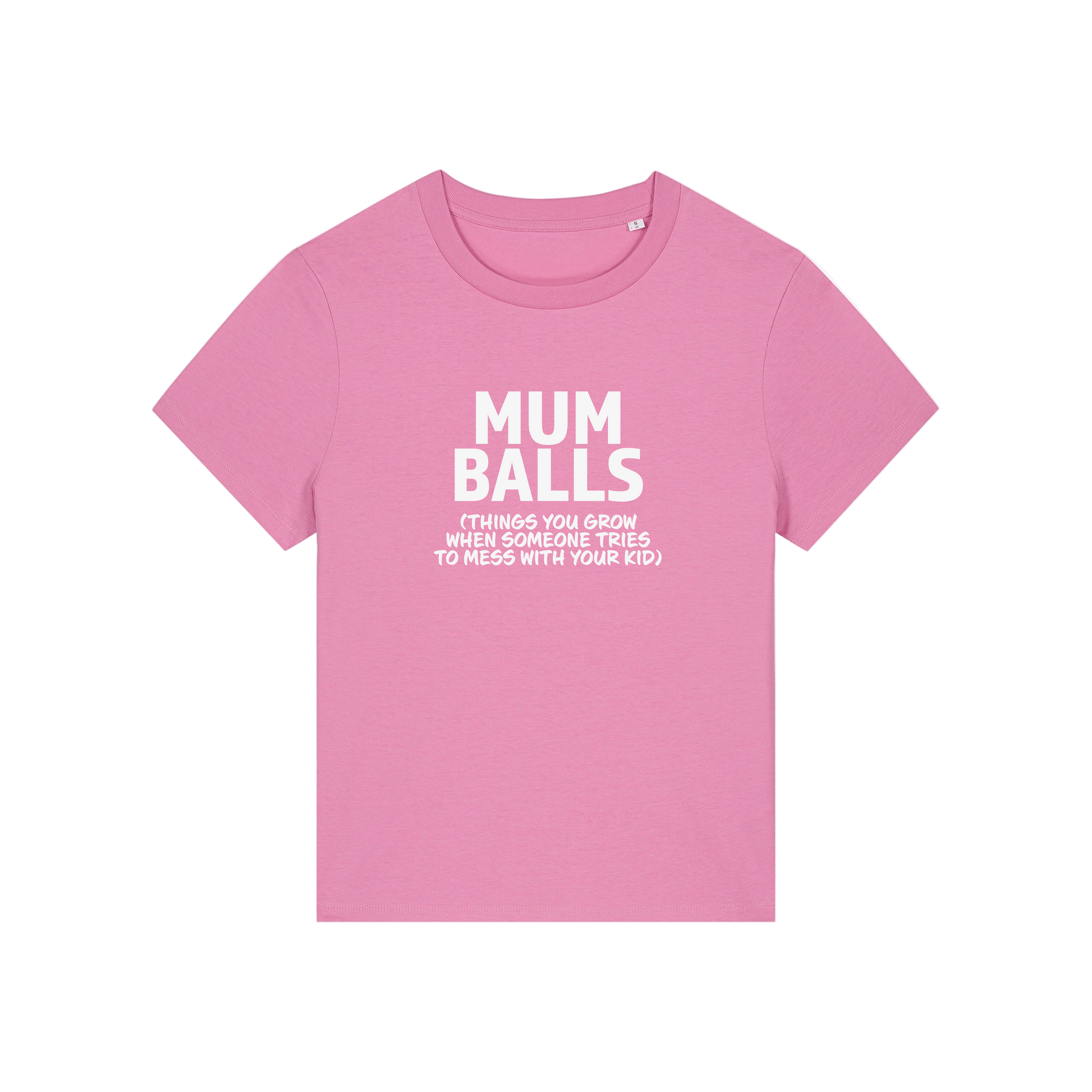 pink mum t-shirt with the slogan 'mumballs, things you grow when someone tries to mess with your kid'