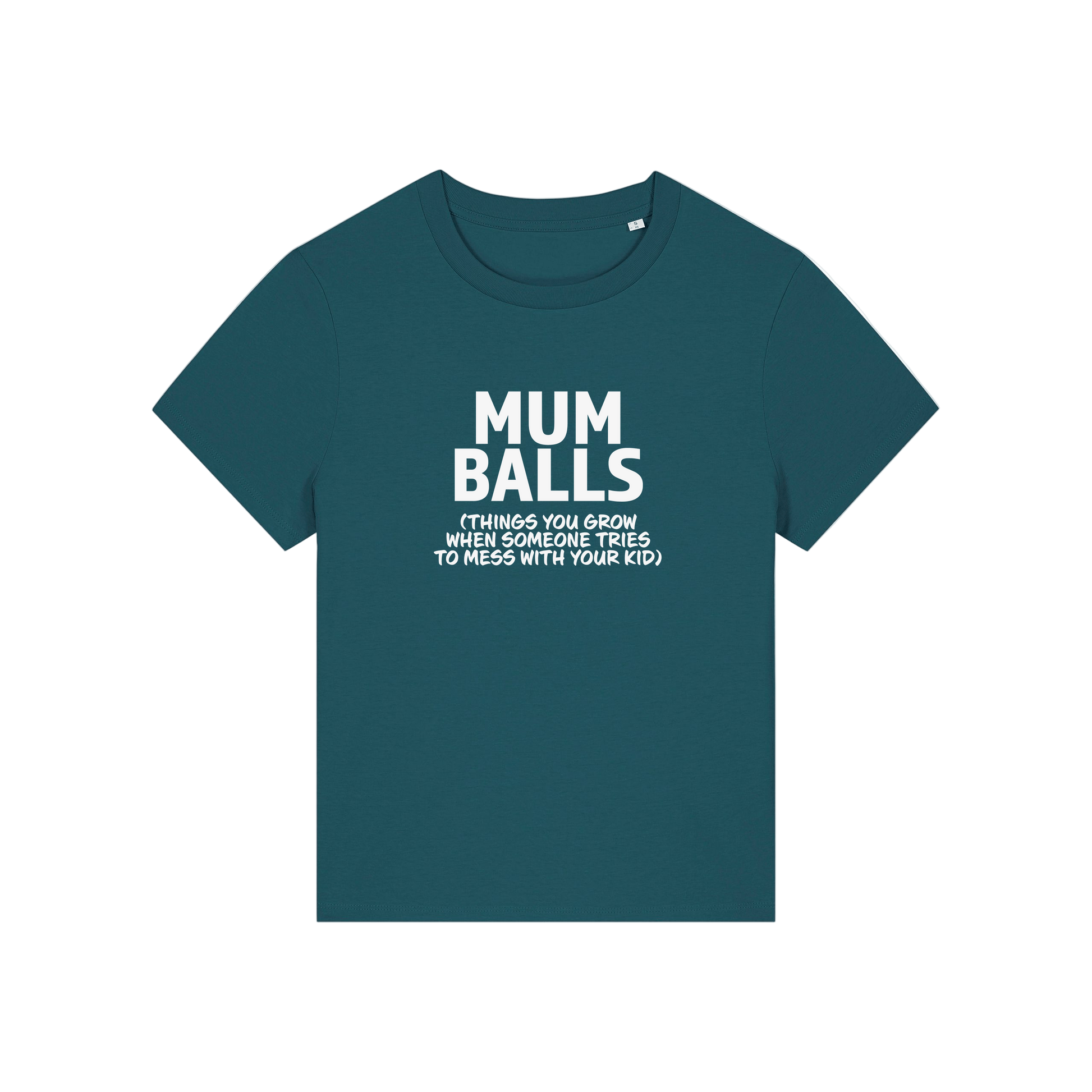 teal mum t-shirt with the slogan 'mumballs, things you grow when someone tries to mess with your kid'